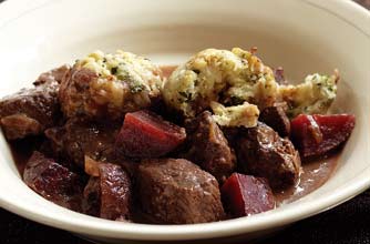 Beef and Beetroot Casserole with Watercress Dumplings