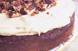 Carrot-pecan cake with maple syrup and orange buttercream