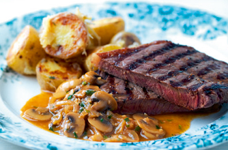 Steak with shallot and mushroom sauce