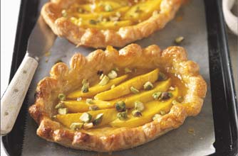 Fresh mangoes are baked on ready made pastry cases. This is great after a meal or as a snack. It is also quick and easy to make.