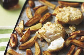 Home-made fish and chips that is tasty and healthier. They are baked rather than fried in oil. It is easy to prepare and a great favourite for the whole family