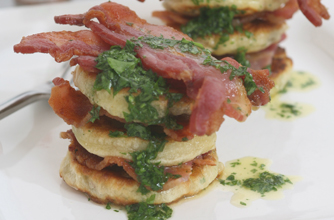 Lightly spiced crispy bacon with mushroom pancakes