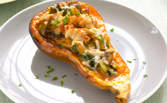 Butternut squash with spinach and bacon