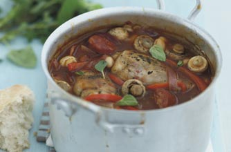 This is a great one pot meal for the whole family. It is easy and quick to cook. Chicken is stewed with chirozo sausages, mushrooms, tomatoes and cannellini beans.