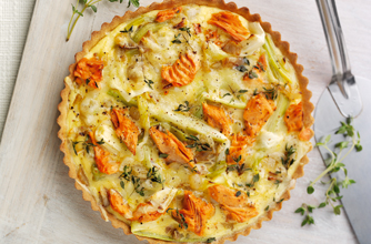 Salmon, thyme and leek tart