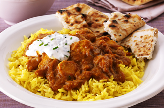 Chicken madras curry with sour cream and chive dip