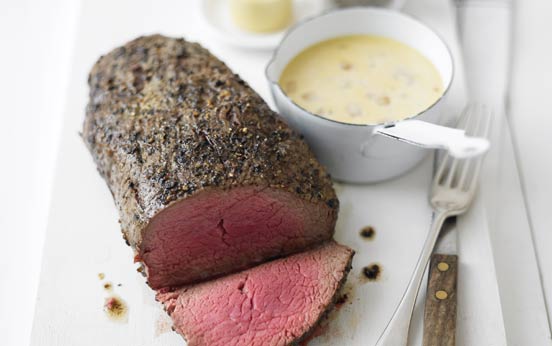 Beef with Parma ham-wrapped green beans