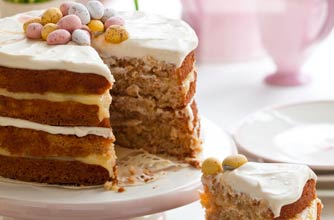 A delicious moist, suitably decorated to celebratae Easter. This cake is layered and topped with mascarpone cheese. It can be freezed so it can be baked in advance.