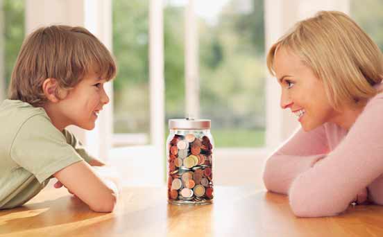 Mother and son with money jar
