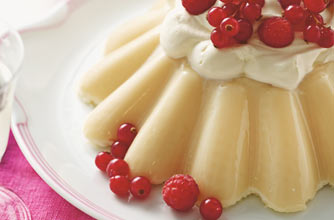 This is a great dessert or afternoon treat. This sweet and soft jelly is served with whipped cream , raspberries and redcurrants. It is also great without the cream and fruits