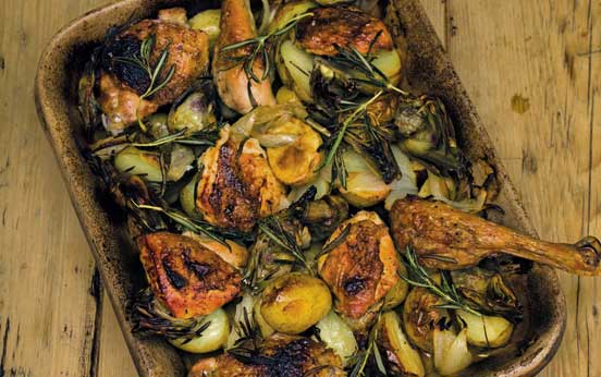 Chicken with artichokes, onions, potatoes and rosemary