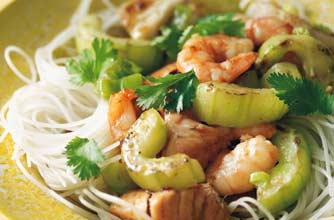 A quick and easy dish of rice noodles with stir-fry cucumber and prawns. The taste is refreshing, light and flavoured with sesame oil. A quick and easy dish of rice noodles with stir-fry cucumber and prawns. The taste is refreshing, light and flavoured with sesame oil.