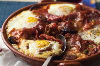 Baked eggs with ham and chorizo