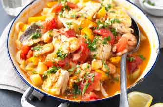A one pot seafood stew that is delicious and full of tomato flavour. Great to serve with rice or French bread.