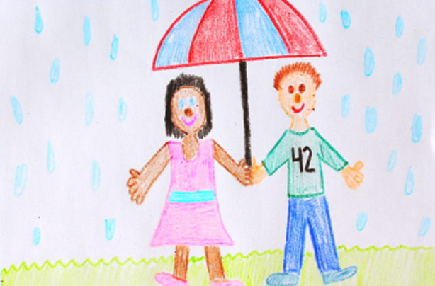 kids' drawing of 2 children with an umbrella, having fun in the rain