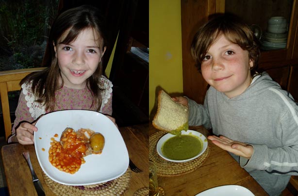Leah and Caleb with some of their cheap dinners