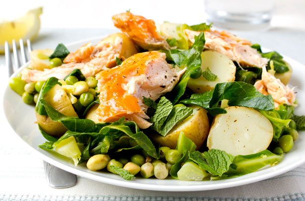 Warm salmon and minted vegetable salad Warm salmon and minted vegetable salad