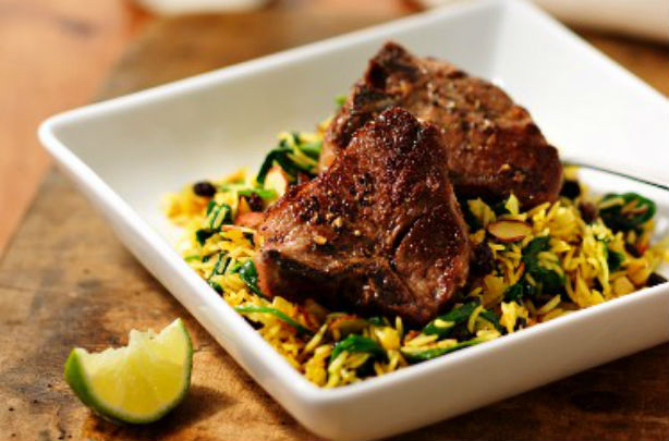 Golden spinach almond and raisin pilaf