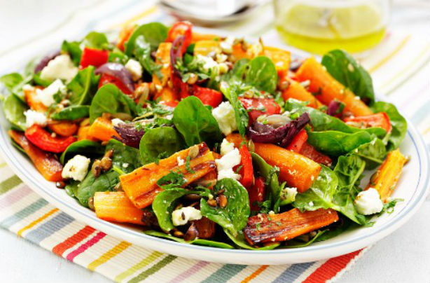 Autumnal roast carrot pepper and red onion salad