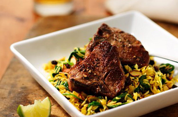 Fruity lamb chops with spinach and saffron rice Fruity lamb chops with spinach and saffron rice