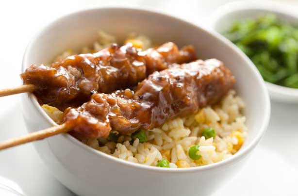 Chicken sticky skewers with fried rice