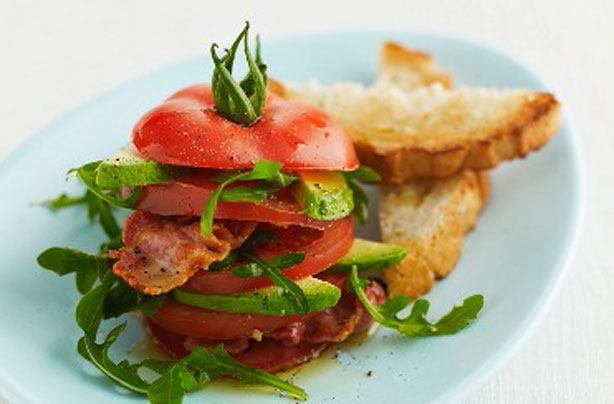 Tomato, bacon and avocado tower