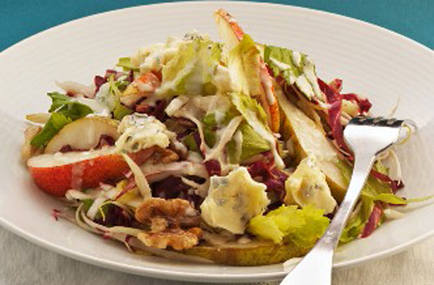 Pear salad with celery, blue cheese and walnuts