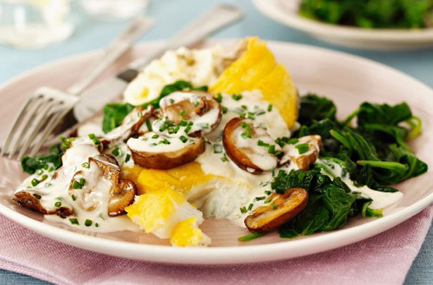 Smoked haddock in mushroom sauce