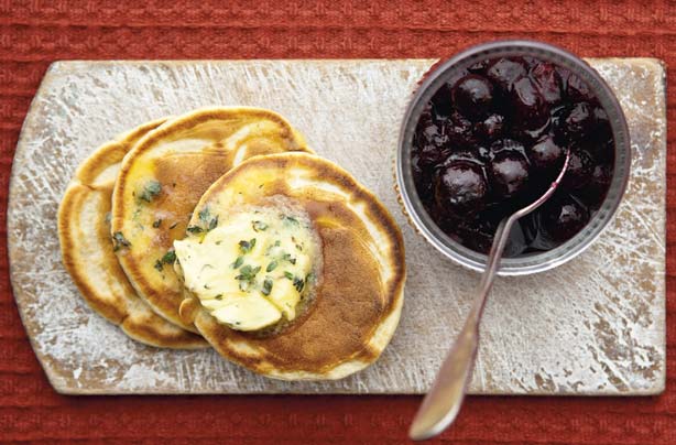 Scotch pancakes with blueberries and thyme butter