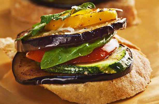 Grilled aubergine and pepper crostini