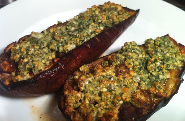 Aubergines with basil pesto crust