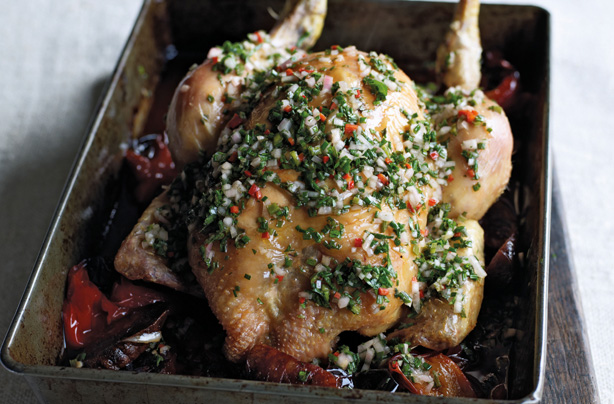 James Martin's chicken with red peppers, chorizo and chilli