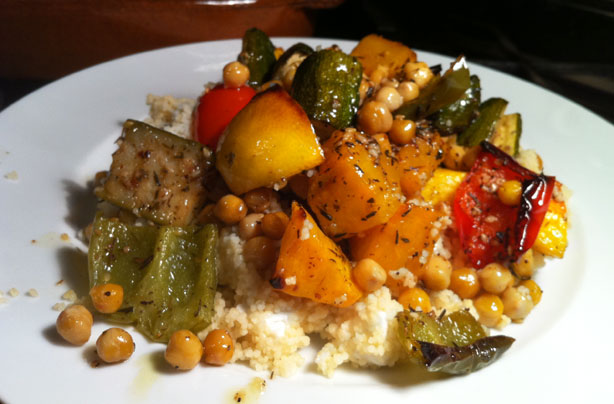 Spiced Mediterranean vegetables with lemon, couscous and feta