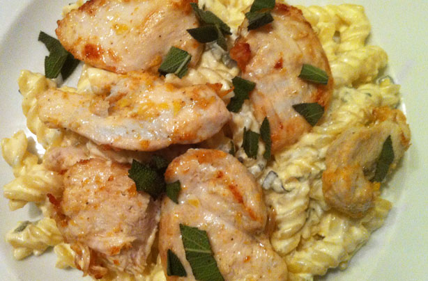 Velveted chicken breast with sage and pasta