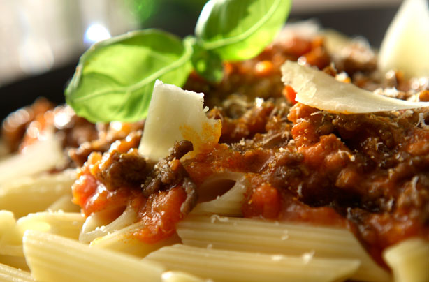 Penne Bolognese with cubetti di pancetta Penne Bolognese with cubetti di pancetta