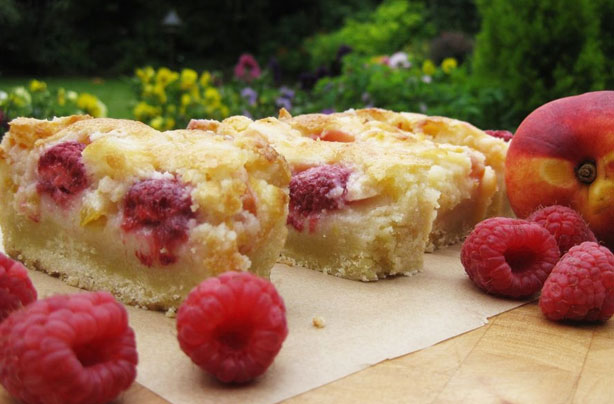 Peach melba shortcake with cream cheese custard