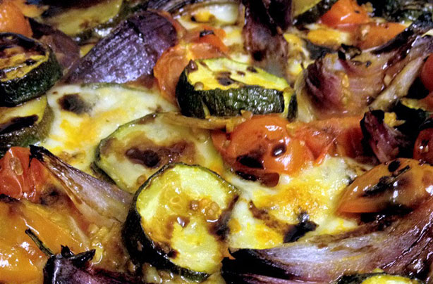 Roast vegetable pizza with balsamic glaze