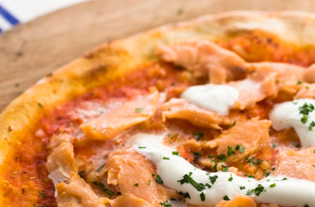 Salmon, anchovy and caper pizza