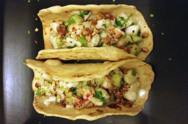 Scallop ceviche tacos with cucumber, chilli and spiced peanuts