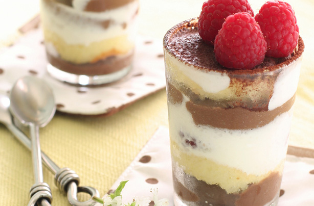 Raspberry brownie and chocolate mousse pots