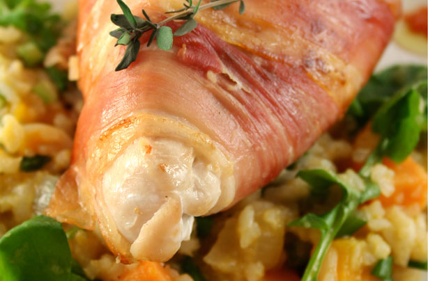 Prosciutto wrapped chicken with butternut squash risotto