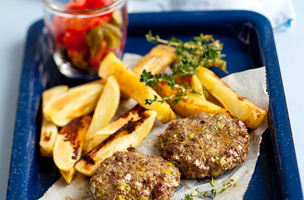 venison burger and chips