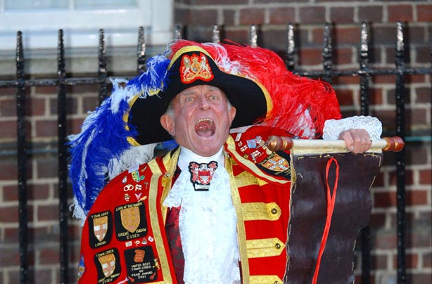 Town crier Tony Appleton announcing birth of royal baby boy Town crier Tony Appleton announcing birth of royal baby boy