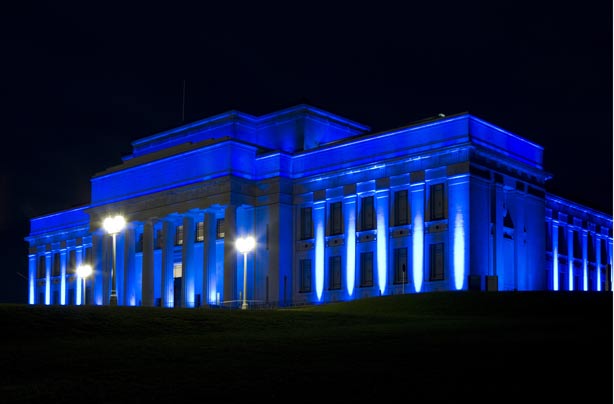 The War Memorial Museum in Auckland New Zealand lit up blue for the birth of the royal baby The War Memorial Museum in Auckland New Zealand lit up blue for the birth of the royal baby