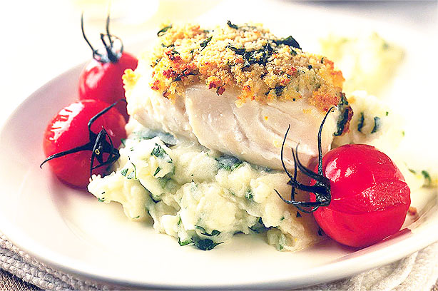 Roast cod on lemon and parsley mash
