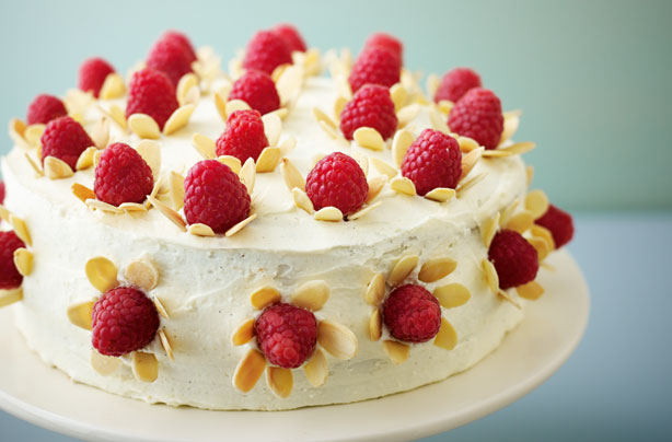 Lorraine pascales raspberry vanilla and white chocolate cake with almond flowers