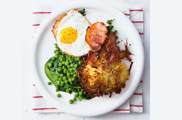 Potato rosti with bacon, egg and spinach Potato rosti with bacon, egg and spinach