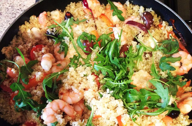 Lindsay Stanley king prawn chilli red onion cherry tomato lemon rocket quinoa Lindsay Stanley king prawn chilli red onion cherry tomato lemon rocket quinoa