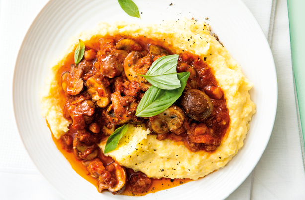 Polenta with pancetta and garlic mush Polenta with pancetta and garlic mush