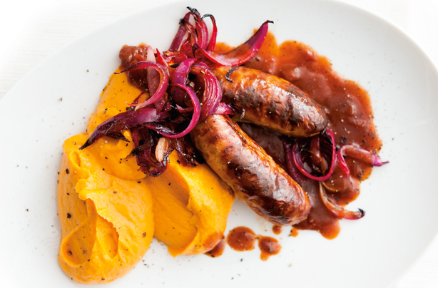 Sausages with sweet potato and squash mash Sausages with sweet potato and squash mash